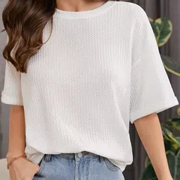 imsa moda Women Solid Round Neck Polycotton White T-Shirt image 1