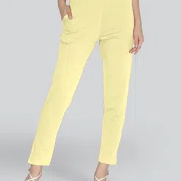 Women Slim Fit Yellow Cotton Blend Trousers-image-13