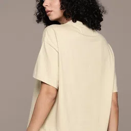 roadster Women Printed Round Neck Cotton Blend Beige T-Shirt image 5