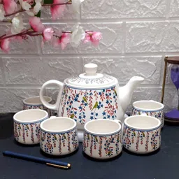 wonder creation Pack of 7 Ceramic TOTA MAINA on white Tea set with kettle ( pack of 6 cup and 1 kettle) image 4