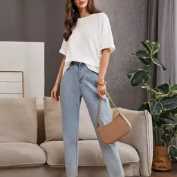 imsa moda Women Solid Round Neck Polycotton White T-Shirt image 5