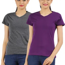 ap'pulse Pack of 2 Women Solid V Neck Pure Cotton Purple, Grey T-Shirt-picture-18