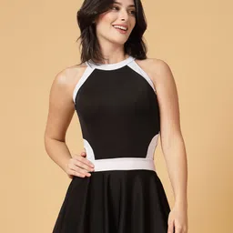 CUKOO Padded Black with White Border Swimsuit Solid Women Swim-dress Black Swimsuit-image-83