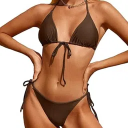 recent fashion Solid Women Bikini Brown Swimsuit image 2