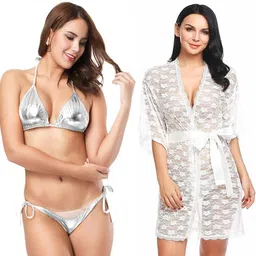 newba Self Design Women Bikini White, Silver Swimsuit-picture-21