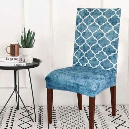 b7 creations Blue Trellis Printed Polyester Blend 14x38 Inch Chair Covers (Set of 6)-picture-23