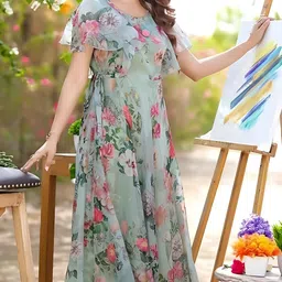 fashion2wear Women Fit and Flare Green Maxi/Full Length Dress image 3