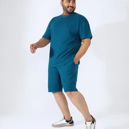 instafab plus Men Top & Shorts Set Blue Solid image 2