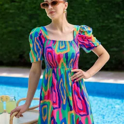 honky tonky Women Fit and Flare Multicolor Midi/Calf Length Dress image 3
