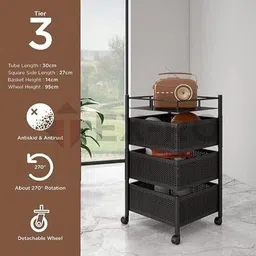 trendycreationhub 3 Layer Rack Black Iron Fruit & Vegetable Kitchen Trolley With 4 Wheel Iron Kitchen Trolley image 3