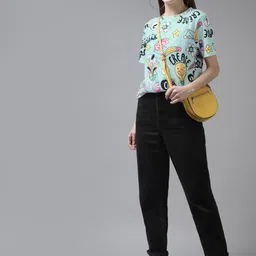 the dry state Women Printed Round Neck Pure Cotton Blue T-Shirt image 5