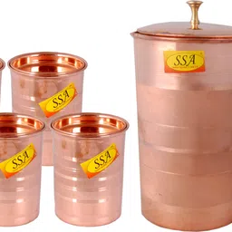 Silver Touch Design Classic Pure Copper Jug / Pitcher With 4 Glasses & Brass Top Drinkware Set - ( Volume - 1.45 Liter ) - 5 Pieces Set Jug Glass Set-image-86