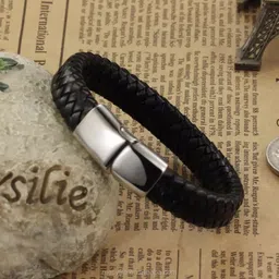 meenaz Metal, Silver, Alloy, Stainless Steel, Steel, Leather Platinum, Rhodium, Black Silver Bracelet-picture-20