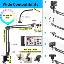 BROLAVIYA 10 Inch Crystal 3D RGB Ring Light, 2 Way Base Clamp With Flexible Clip Arm Mobile Holder image 5