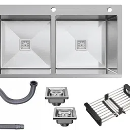 chirag Kitchen Sink 32 Inch (32x18x10) Tap Hole Double Bowl SS304 Stainless Steel Sink CSS3218TH|HANDAMDE SINK WITH FRUIT BASKET & PVC PIPE|DOUBLE BOWL WITH TAP HOLE| Vessel Sink-picture-11