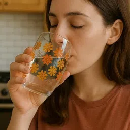 lhc (Pack of 6) Premium Drinking Glass Set | Yellow Flower Printed Drinking Glasses Glass Set Water/Juice Glass image 5