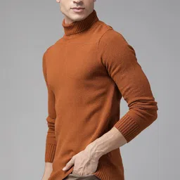 roadster Men Self Design Turtle Neck Orange Sweater-picture-24