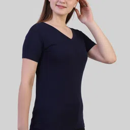 fleximaa Women Solid V Neck Pure Cotton Dark Blue T-Shirt image 4