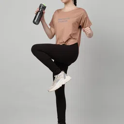 mkh Women Typography Crew Neck Polyester Brown T-Shirt image 4