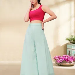 anti wrinkle designer Women Flared Light Green Georgette Trousers image 3