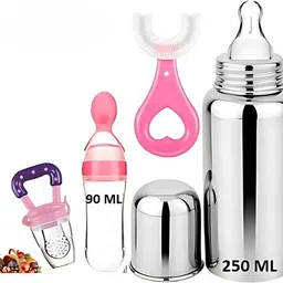 astra Baby Milk Feeding 240ML Feeding Spoon 90ML Fruit Feeder U-Shape Brush (Pack-4) - Stainless steel, Silicone-picture-19