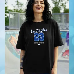 focuteess Women Printed Round Neck Cotton Blend Black T-Shirt-picture-15