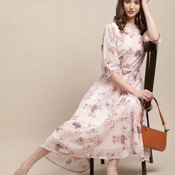 fabflee Women A-line Beige Midi/Calf Length Dress-picture-27