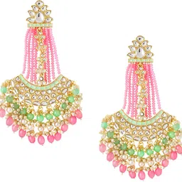 yellow chimes Gold Toned Kundan Studded Green and Pink Beads Drop Chandbali Earrings Copper Chandbali Earring image 1