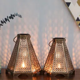 jasolika creations Hexagone Shape Set Of 2 Multicolour Iron Candle Holders image 1