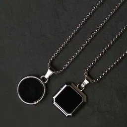 rootwave Men’s Stainless Steel Black Pendant Necklace Set – Round & Octagon Silver Stainless Steel, Steel, Sterling Silver Locket image 1