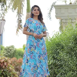 Women Maxi Light Blue Knee Length Dress-image-89