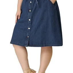 tripursundari fashion Navy Blue Plus Six Buttoned A-Line Midi Denim Woman Skirt image 4