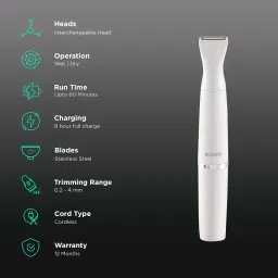 AGARO 2107 Rechargeable Cordless Wet & Dry Trimmer for Intimate Areas, Nose, Ear & Eyebrow with 2 Length Settings for Women (60min Runtime, IPX4 Water Resistant, White) image 2