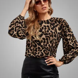 dream beauty fashion Casual Regular Sleeves Printed Women Brown, Beige, Black Top-picture-12