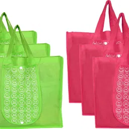 kuber industries Shopping Grocery Bags Foldable, Washable Grocery Tote Bag with One Small Pocket, Eco-Friendly Purse Bag Fits in Pocket Waterproof & Lightweight (Set Of 6,Green & Pink) Pack of 6 Grocery Bags-picture-15