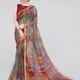KALINI Grey & Maroon Floral Zari Organza Saree-picture-14