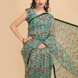 Sangria Sea Green & Red Floral Organza Saree-image-43