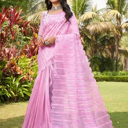 Mitera Striped Mirror Work Organza Saree-image-39