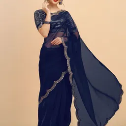 Sangria Navy Blue & Gold-Toned Embellished Embroidered Organza Saree-picture-40