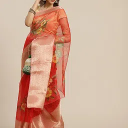 Anouk Red & Yellow Floral Organza Saree image 2