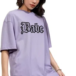 pwexz Women Printed Round Neck Cotton Blend Purple T-Shirt-picture-10