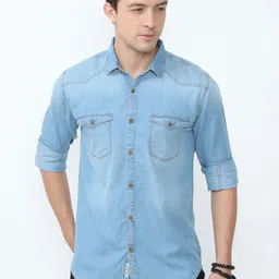 18plus Men Regular Fit Washed Cut Away Collar Casual Shirt-picture-17