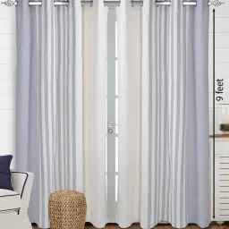 saral home Grey Cotton Striped 9 ft Light Filtering Eyelet (Set of 2) Door Curtains image 2