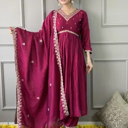 akshya Women Chanderi Kurta Pant Attached Dupatta Set-picture-12