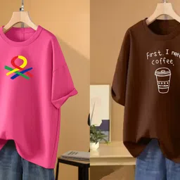 rapturous Pack of 2 Women Printed Round Neck Cotton Blend Pink, Brown T-Shirt-picture-15