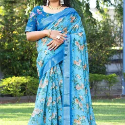 houseofcommon Floral Print Bollywood Cotton Linen Saree-picture-13