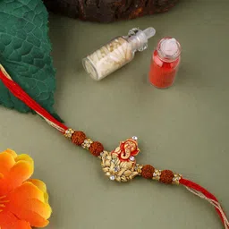 Rudraksh Divine Rudraksha Ganesha Rakhi with Roli Chaawal Pack Mauli Thread Chawal Roli Pack Set-image-40