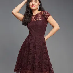 miss chase Women Skater Maroon Knee Length Dress image 2