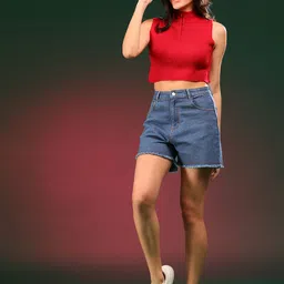 kotty Solid Women Blue Denim Shorts-picture-14