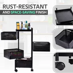 homestic Pack of 2 Revolving 4-Layer Multipurpose Storage Rack with Wheels | Black Iron Kitchen Trolley image 4